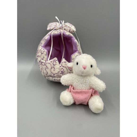 Small 5” Baby Lamb Sheep W/ Pink Diaper Plush In 7” Cloth Egg Shaped W/ Bow - Picture 4 of 8